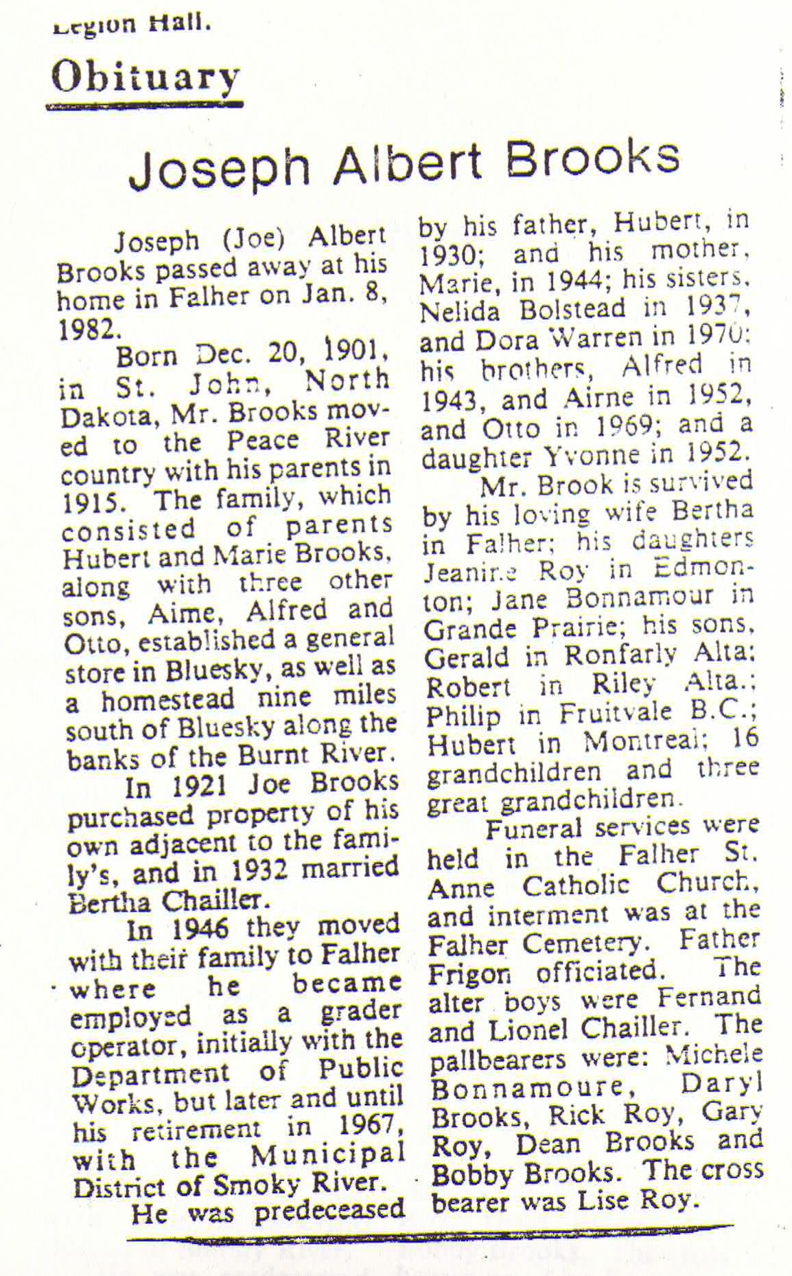 Image:  Newspaper Obituary  for Joe Brooks